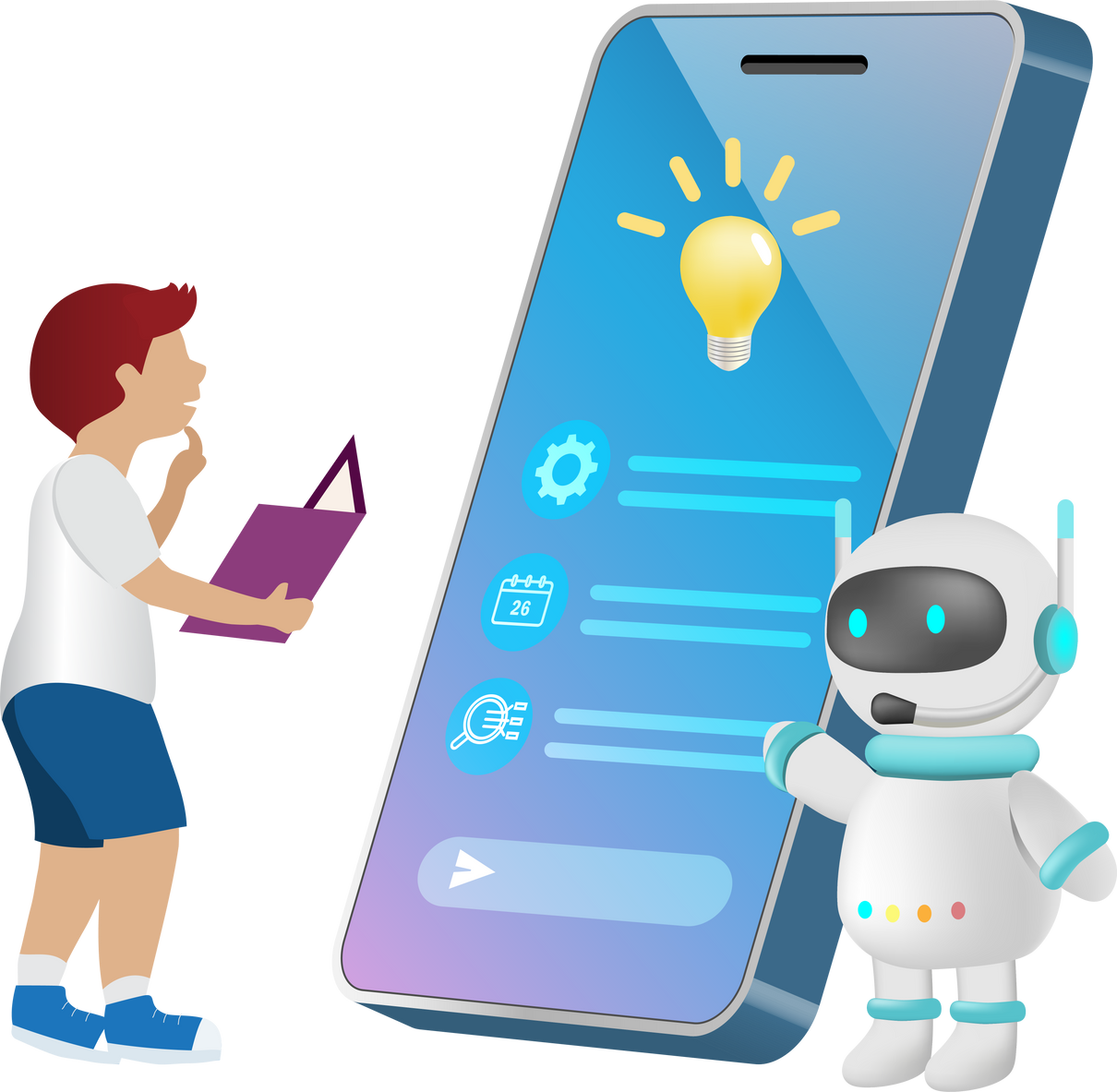 AI chat bot on smartphone assist kid student doing homework assignment. Artificial intelligence robot generates information and summarize knowledge to accomplish tasks in smart solution. Education Technology.